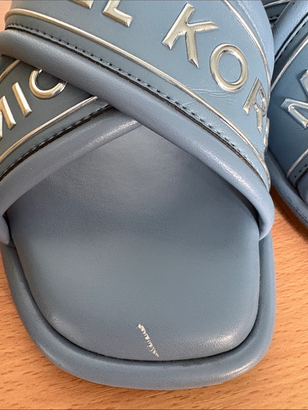 Michael Kors Dusty Blue Crisscross MK Logo Slides - Picture 2 of 5